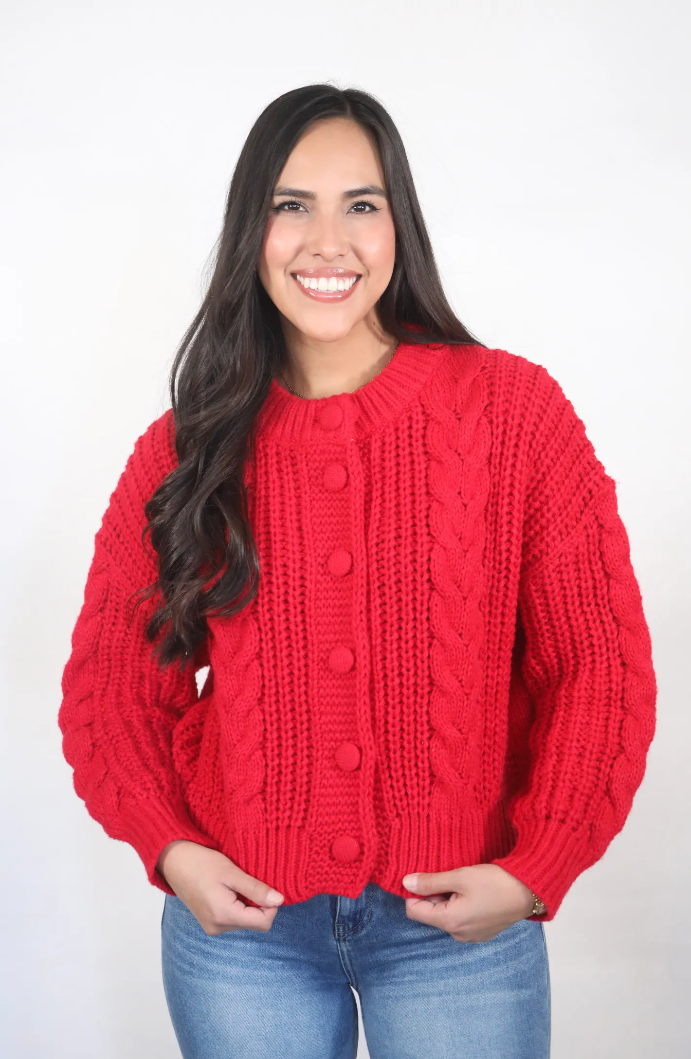 Happier Now Red Cable Knit Sweater Cardigan