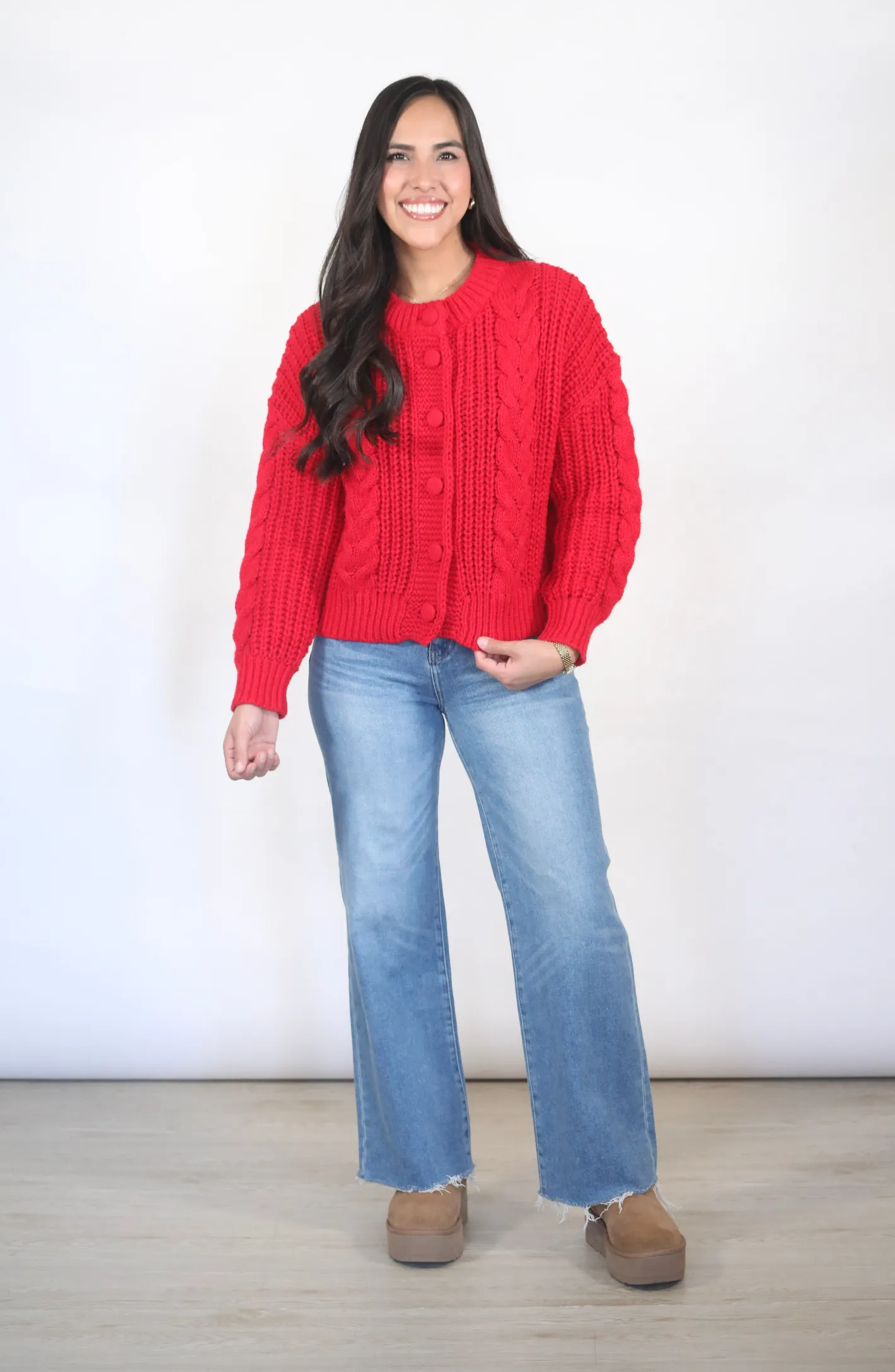 Happier Now Red Cable Knit Sweater Cardigan