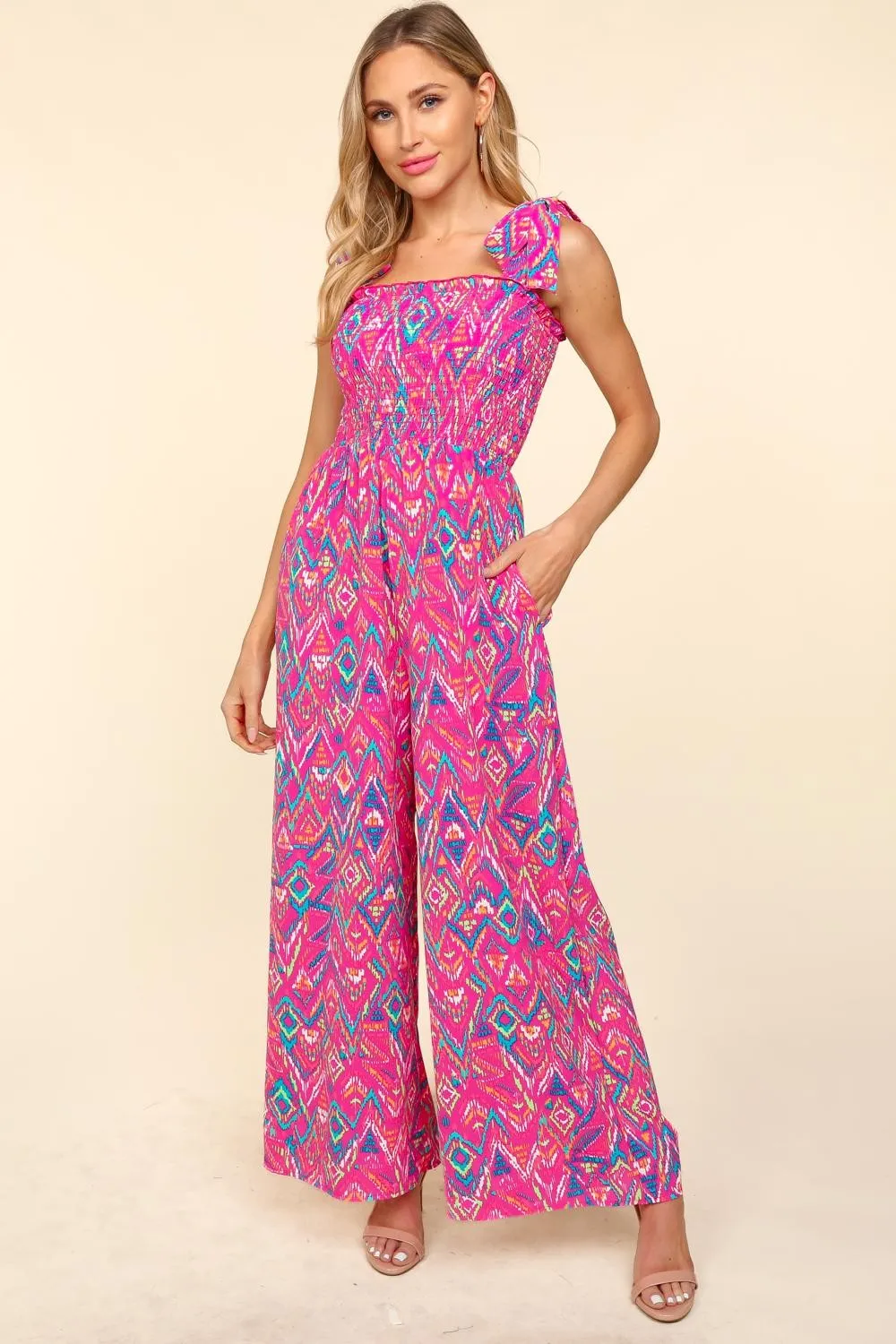 Haptics Printed Smocked Sleeveless Jumpsuit