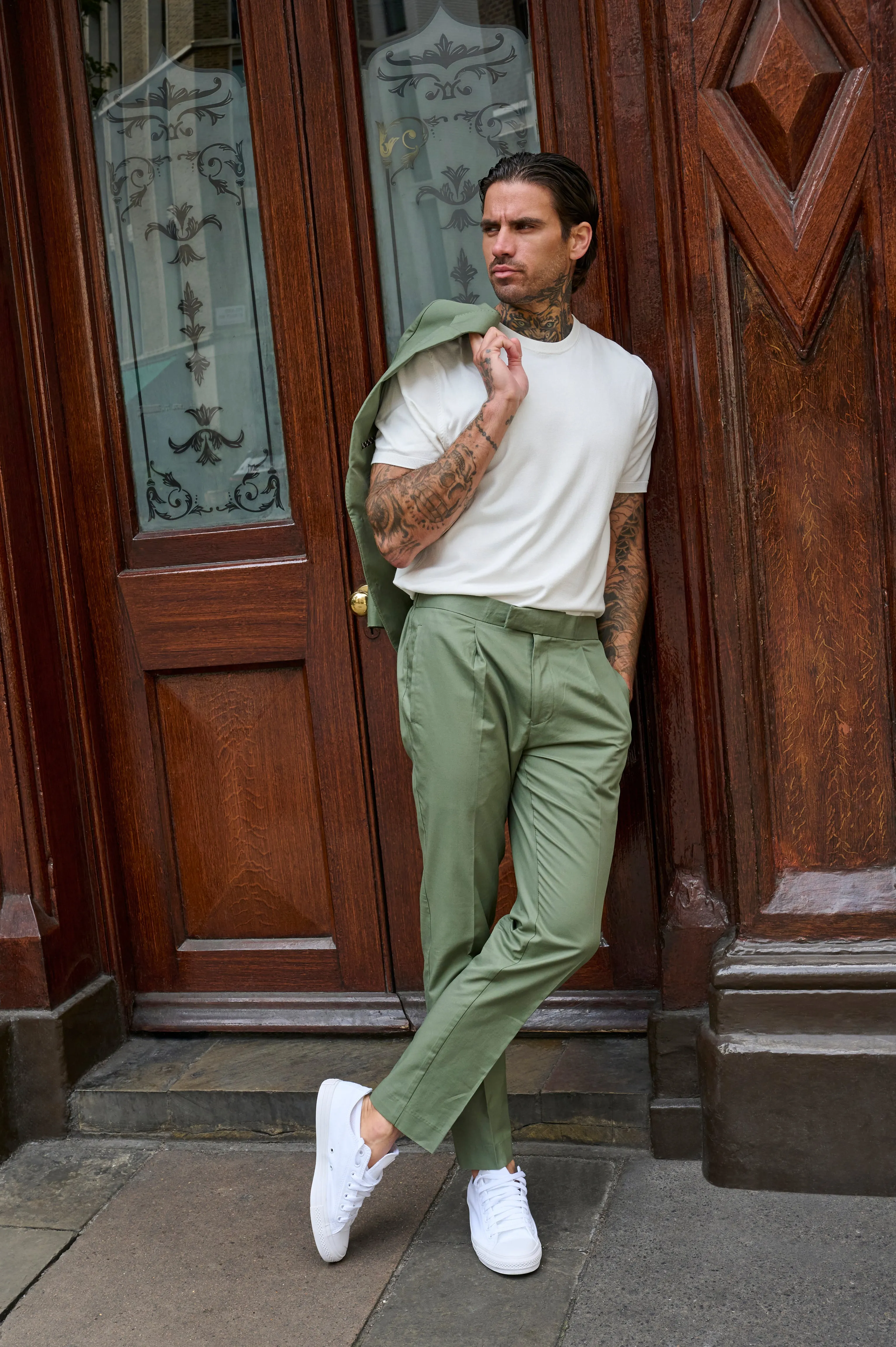 Harry Slim Fit Paper Touch Cotton Suit Smart Trousers in Green