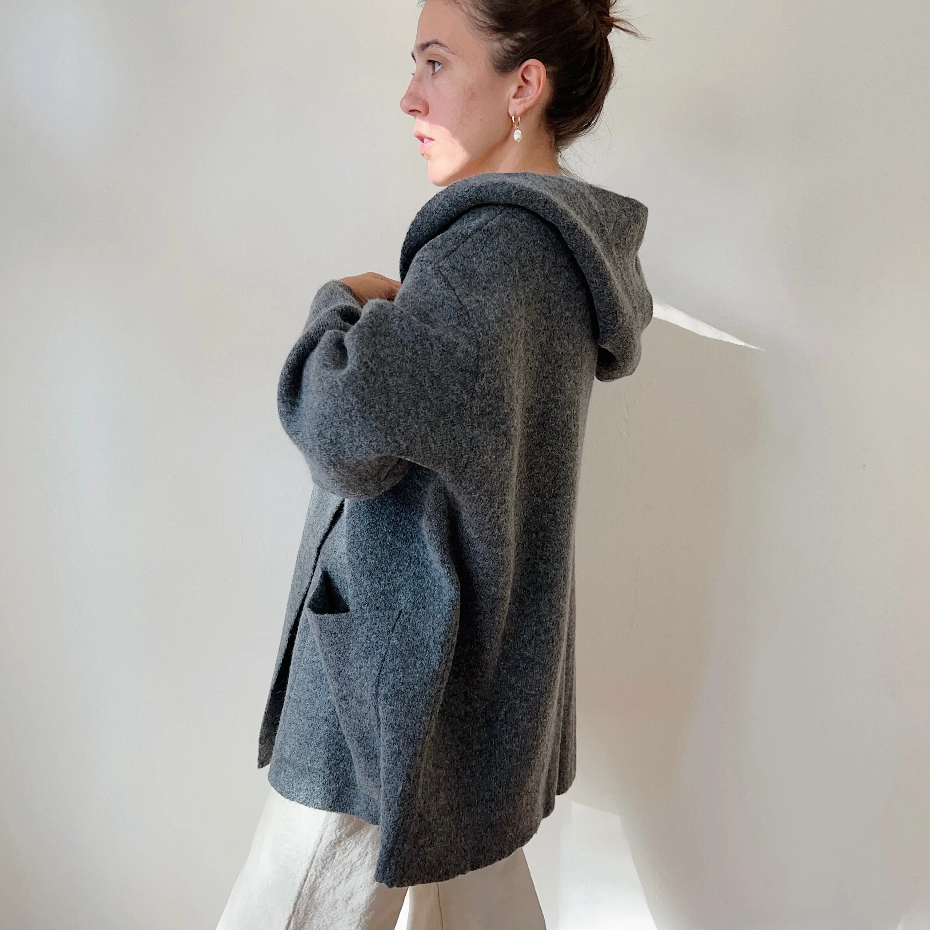 Hooded Open Lapel Coat in Charcoal