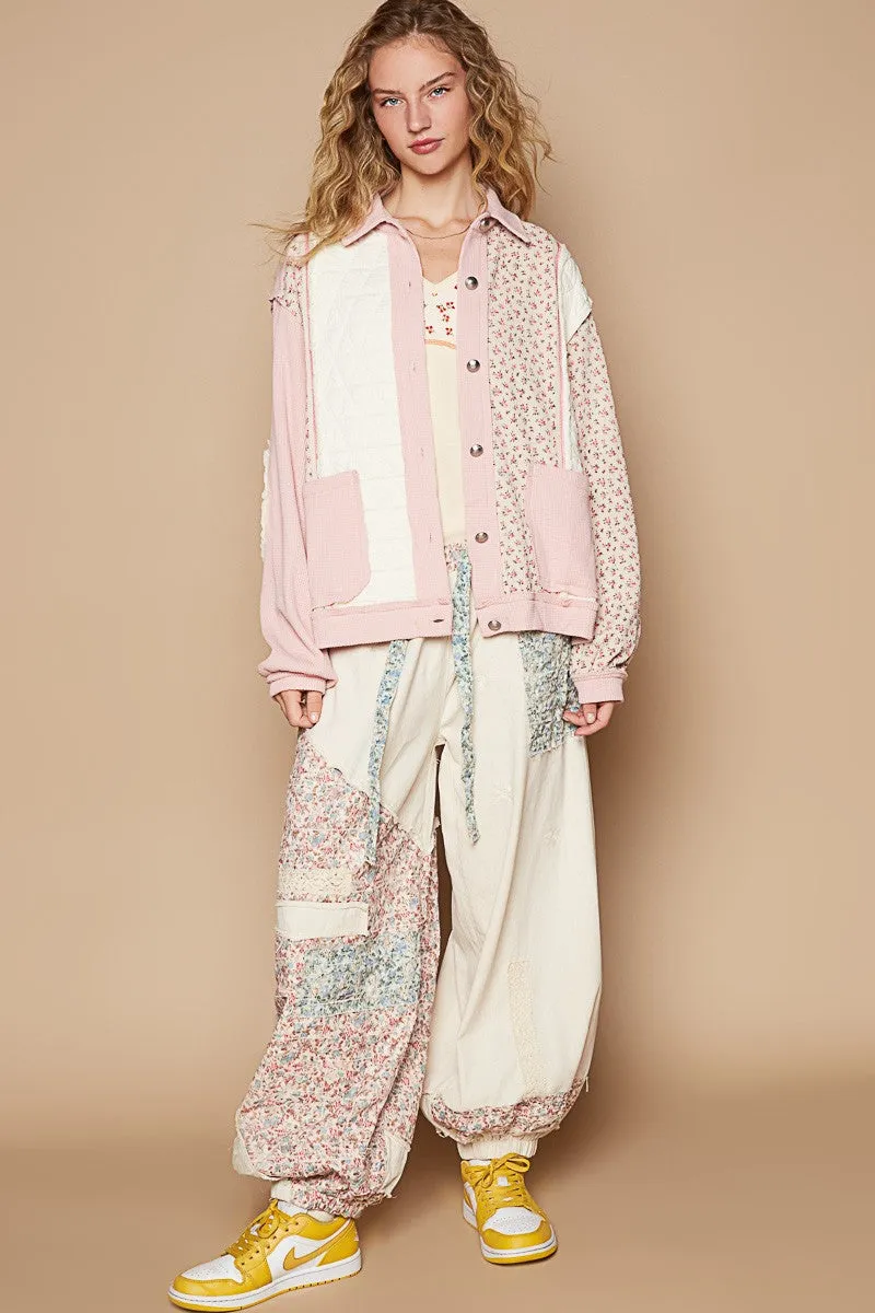 Hot Girl Floral Exposed Seam Button Up Quilted Shacket In Pink