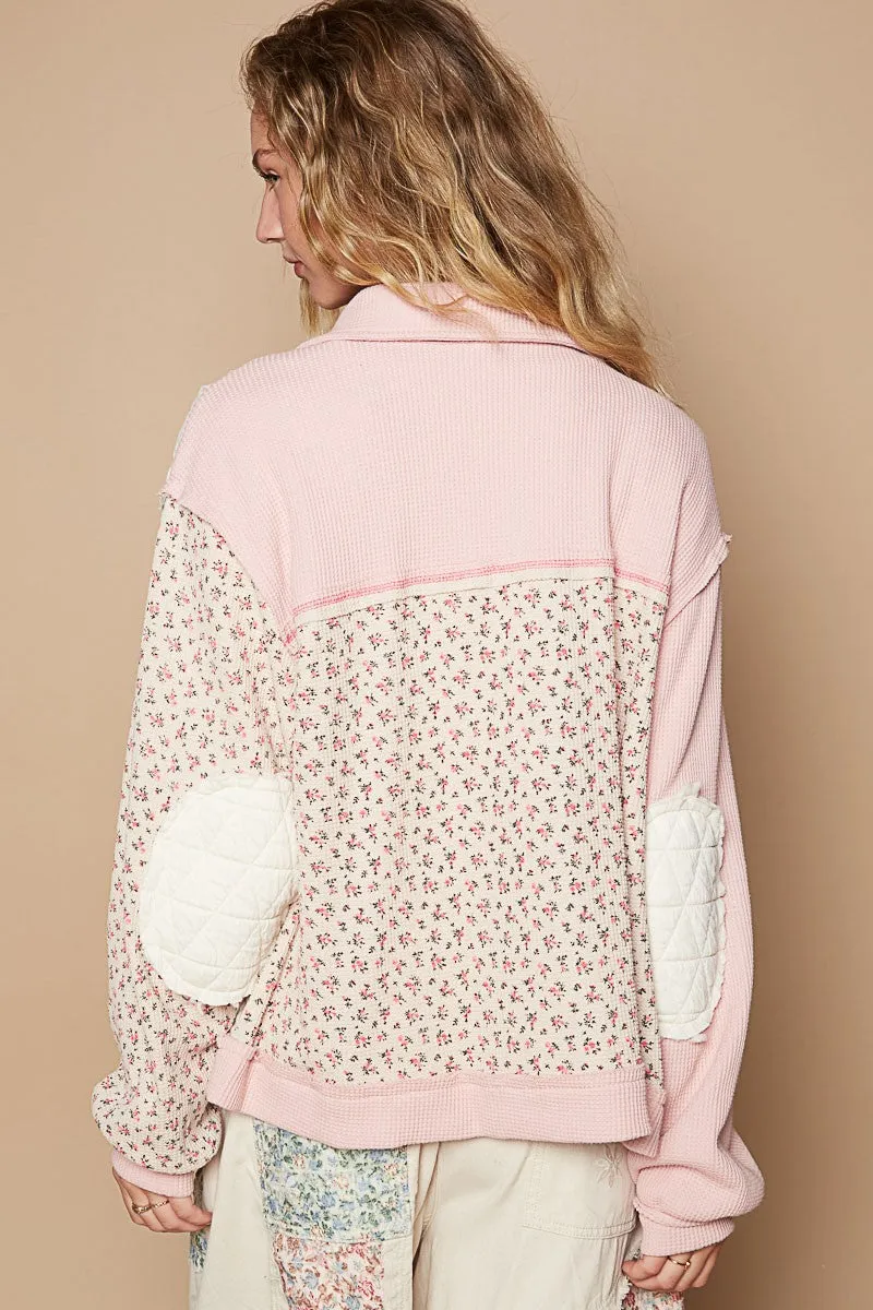 Hot Girl Floral Exposed Seam Button Up Quilted Shacket In Pink