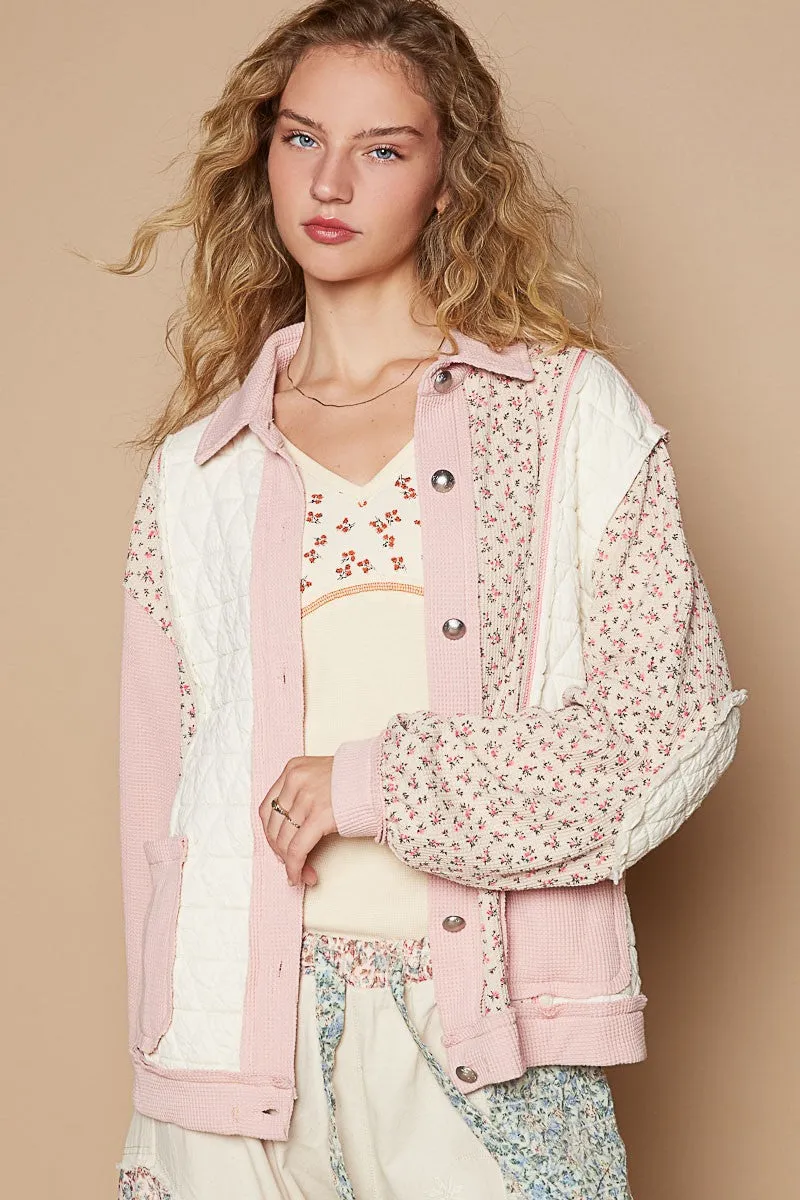 Hot Girl Floral Exposed Seam Button Up Quilted Shacket In Pink