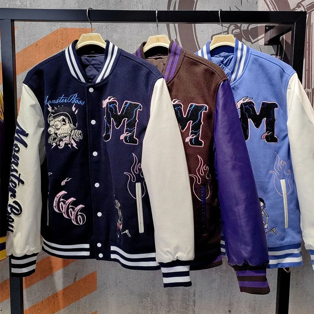 Huili factory wholesale custom logo chenille embroidery letterman varsity jacket with leather sleeves