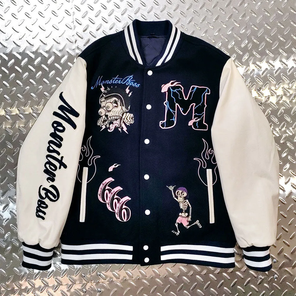 Huili factory wholesale custom logo chenille embroidery letterman varsity jacket with leather sleeves