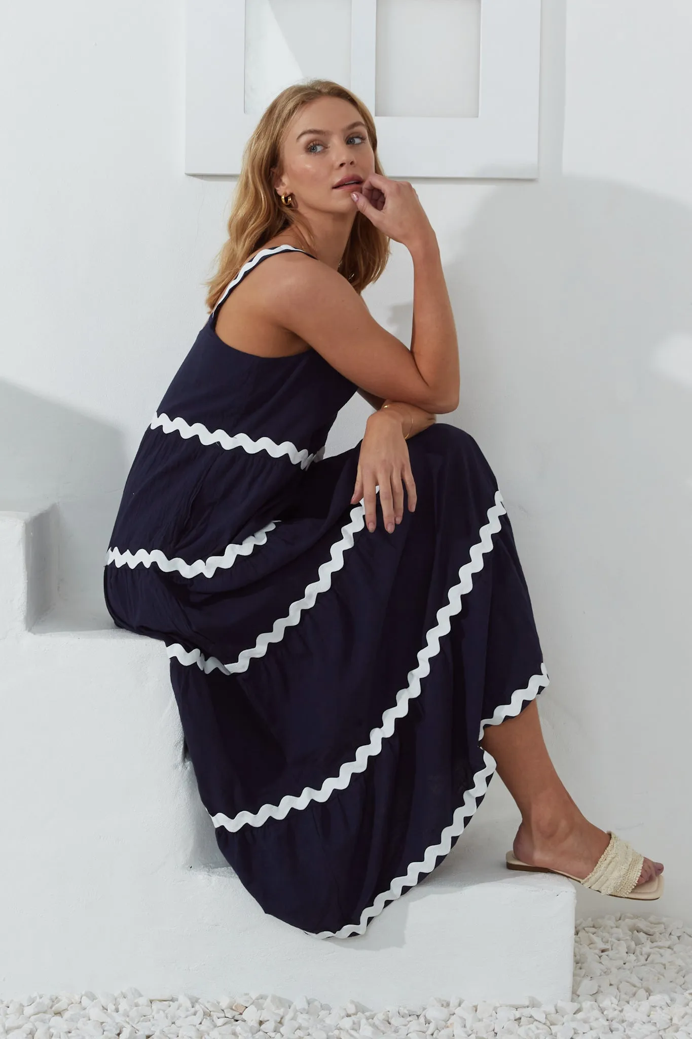 Kalliope Navy White Ric Rac Tiered Maxi Dress