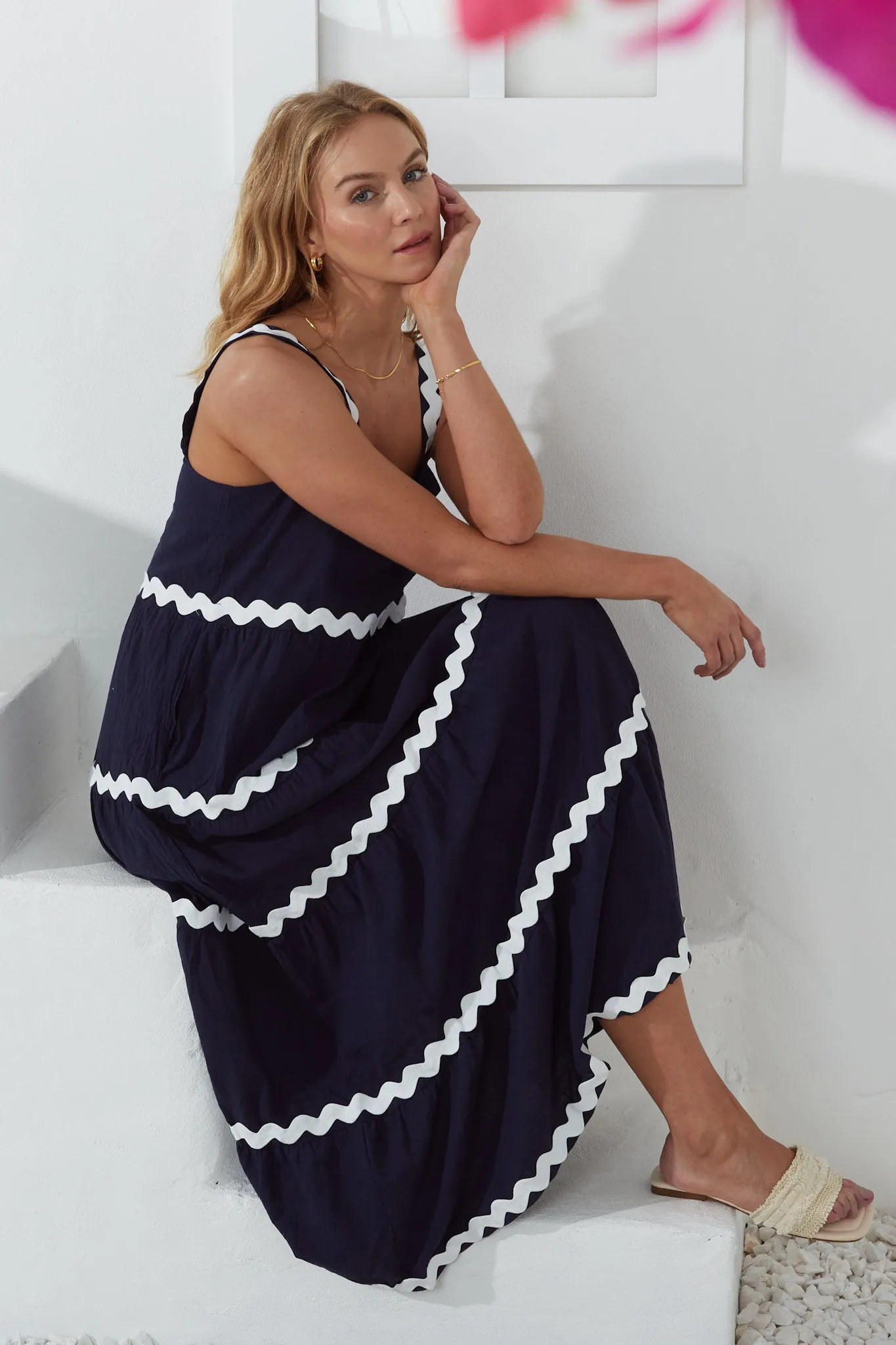 Kalliope Navy White Ric Rac Tiered Maxi Dress