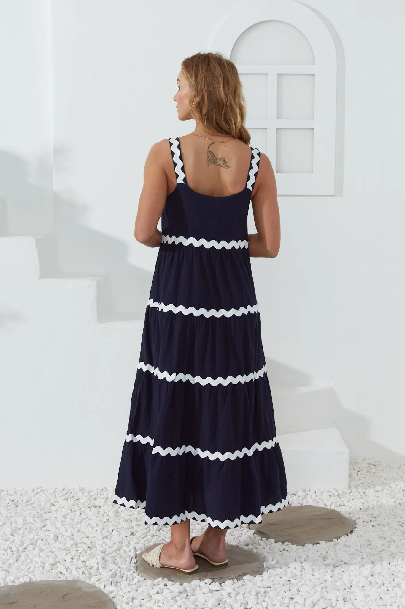 Kalliope Navy White Ric Rac Tiered Maxi Dress