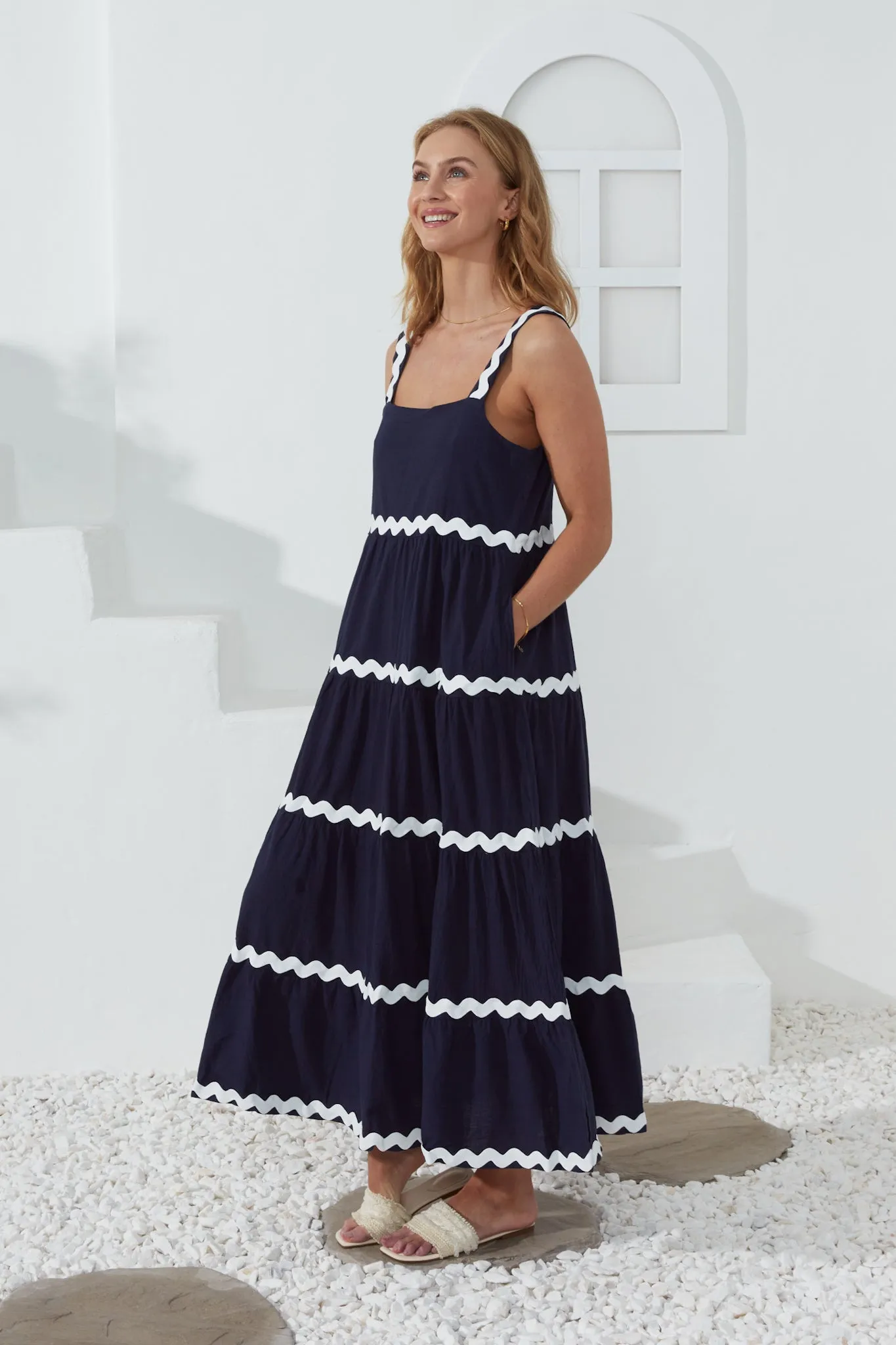 Kalliope Navy White Ric Rac Tiered Maxi Dress