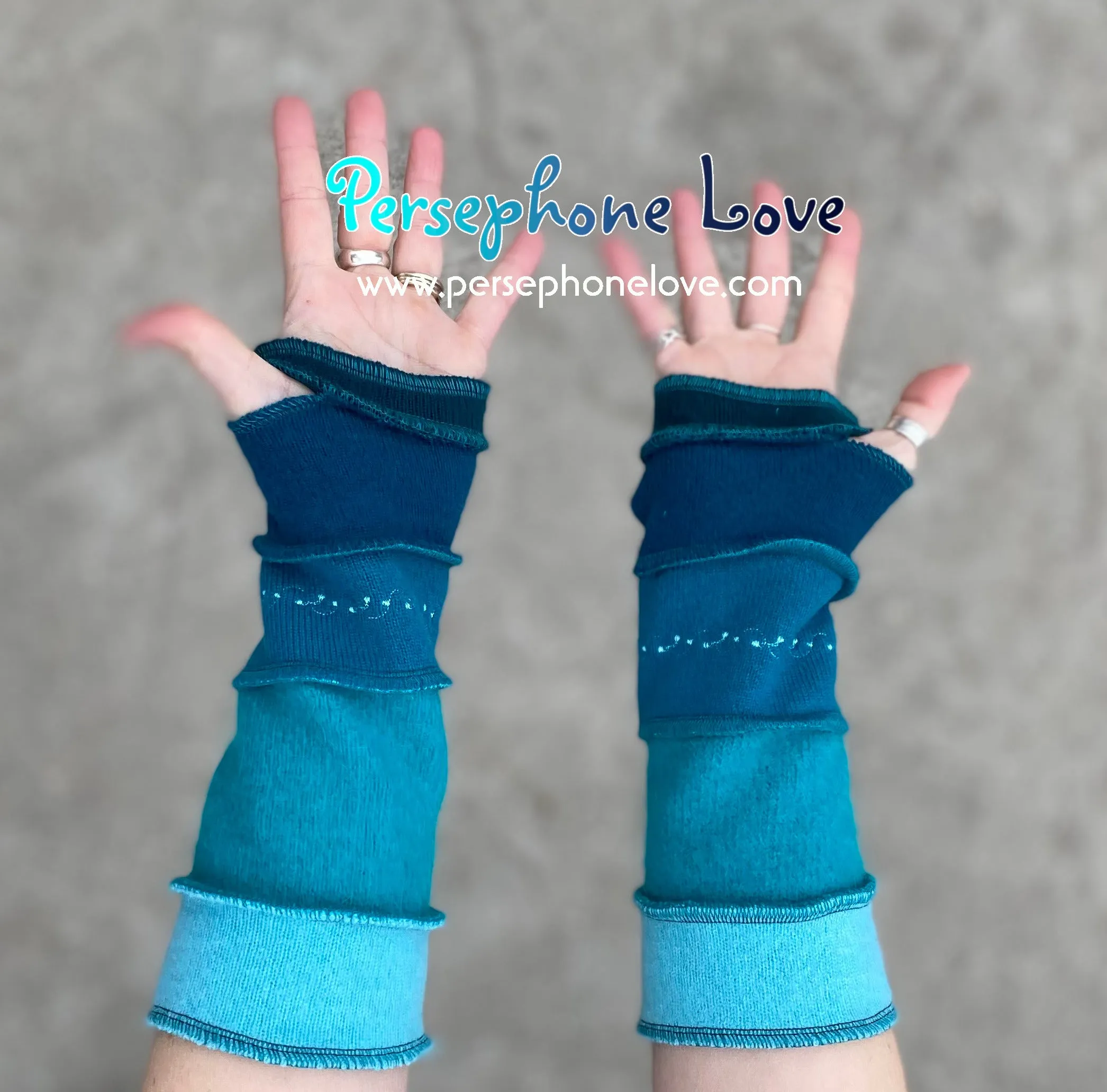 Katwise inspired needle-felted embroidered teal blue upcycled sweater arm warmers-1362