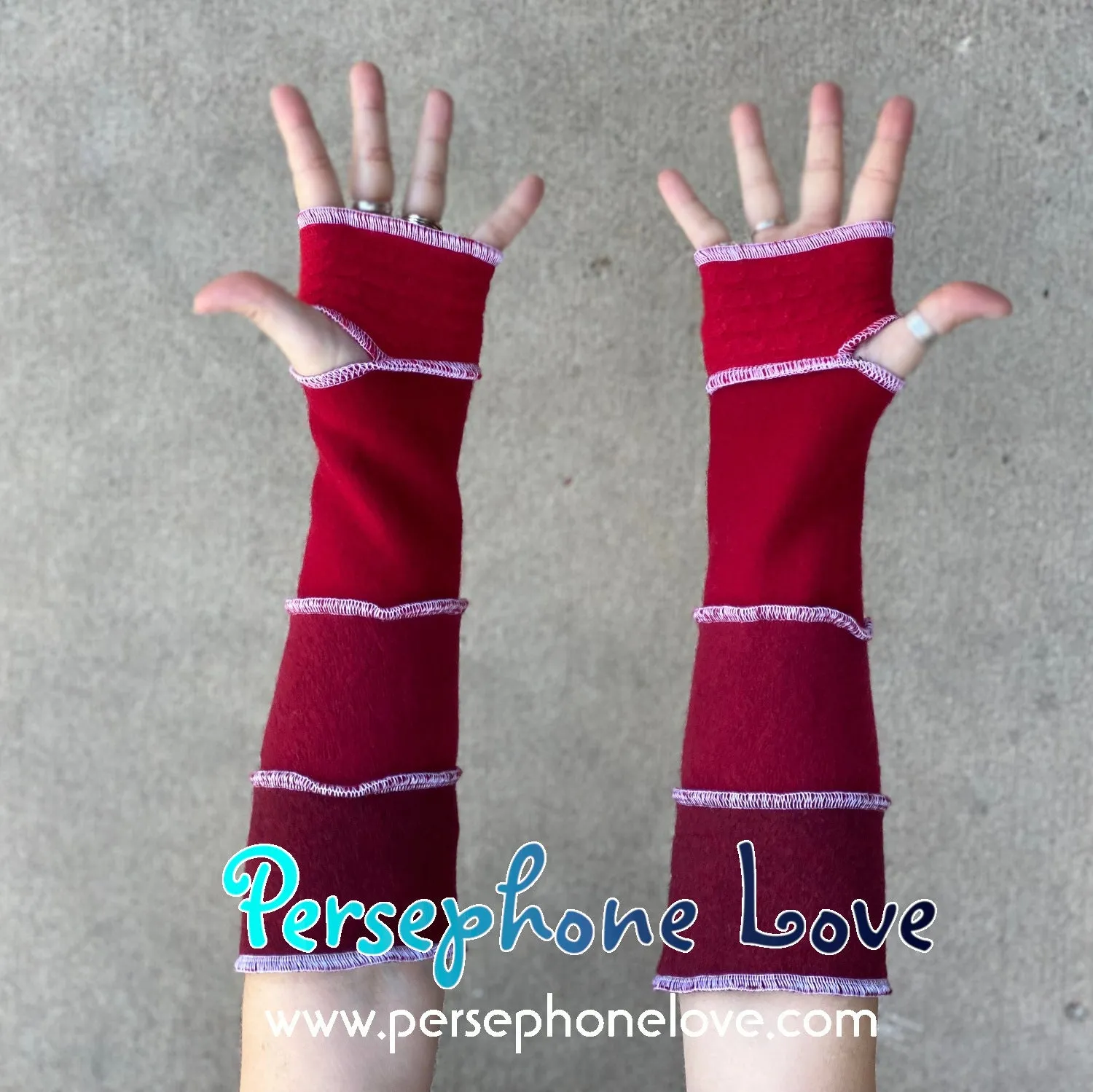 Katwise inspired needle-felted red white 100% cashmere/fleece upcycled sweater arm warmers -1430