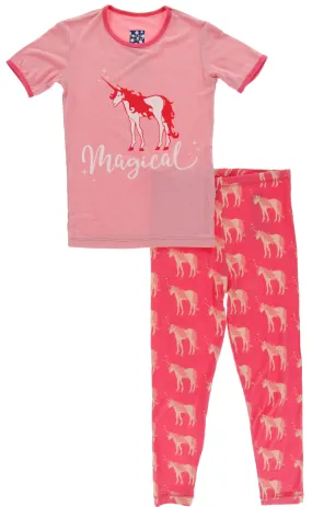 KicKee Pants Red Ginger Unicorns Piece Print S/S Pajama Set with Pants