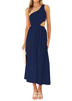 KIRUNDO Women 2023 Summer Sleeveless One Shoulder Smocked Cutout Maxi Dress A Line Flowy Casual Beach Party Long Dresses(Navy, X-Large)