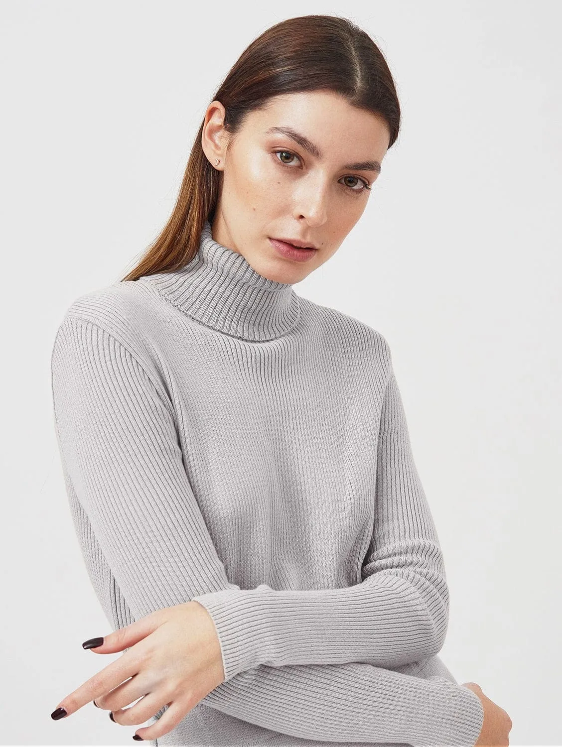 Knitted Organic Cotton Turtleneck Jumper | Light Grey