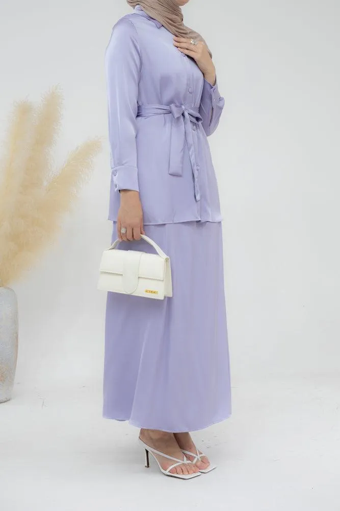 Lavender Blouse Skirt Modest set maxi skirt with elasticated waistband maxi sleeve buttoned shirt with a detachable belt