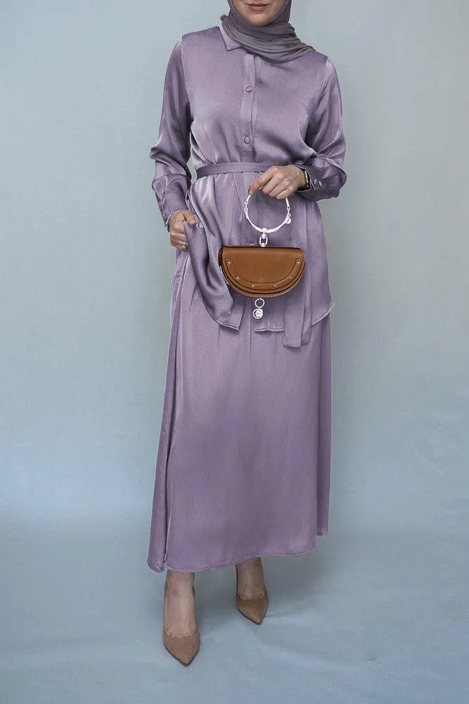 Lavender Blouse Skirt Modest set maxi skirt with elasticated waistband maxi sleeve buttoned shirt with a detachable belt