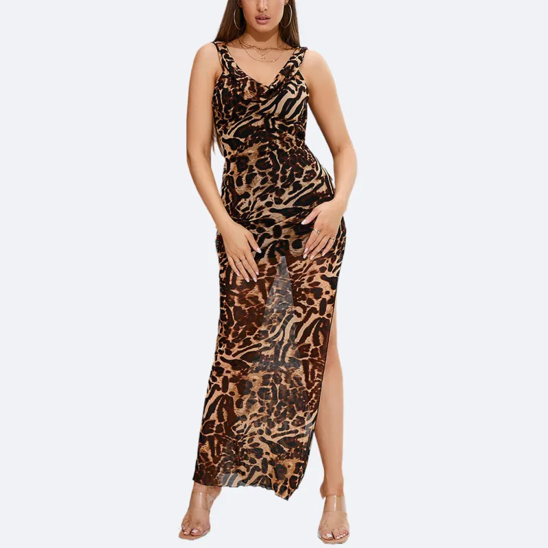 Leopard Print Dress | Mesh Slit Hem