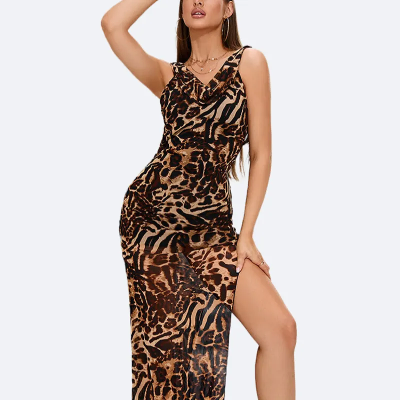 Leopard Print Dress | Mesh Slit Hem