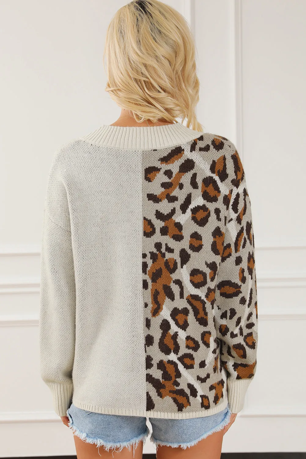 Leopard V-Neck Dropped Shoulder Sweater