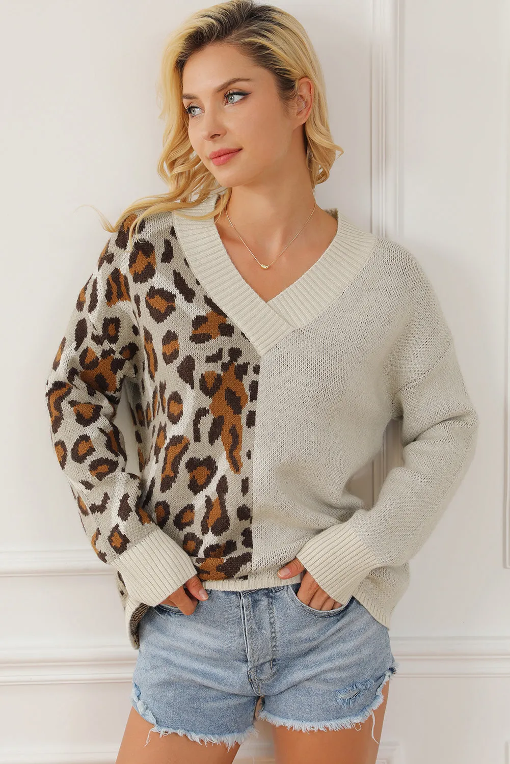 Leopard V-Neck Dropped Shoulder Sweater