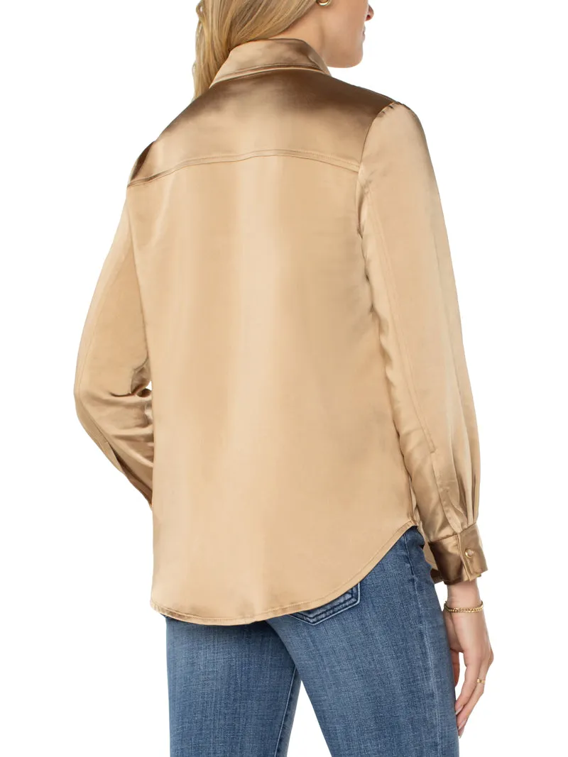 Liverpool Satin Shacket Longline Blouse  - Gold Coin