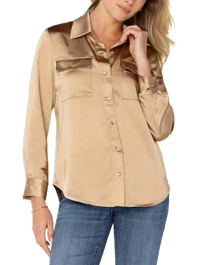 Liverpool Satin Shacket Longline Blouse  - Gold Coin