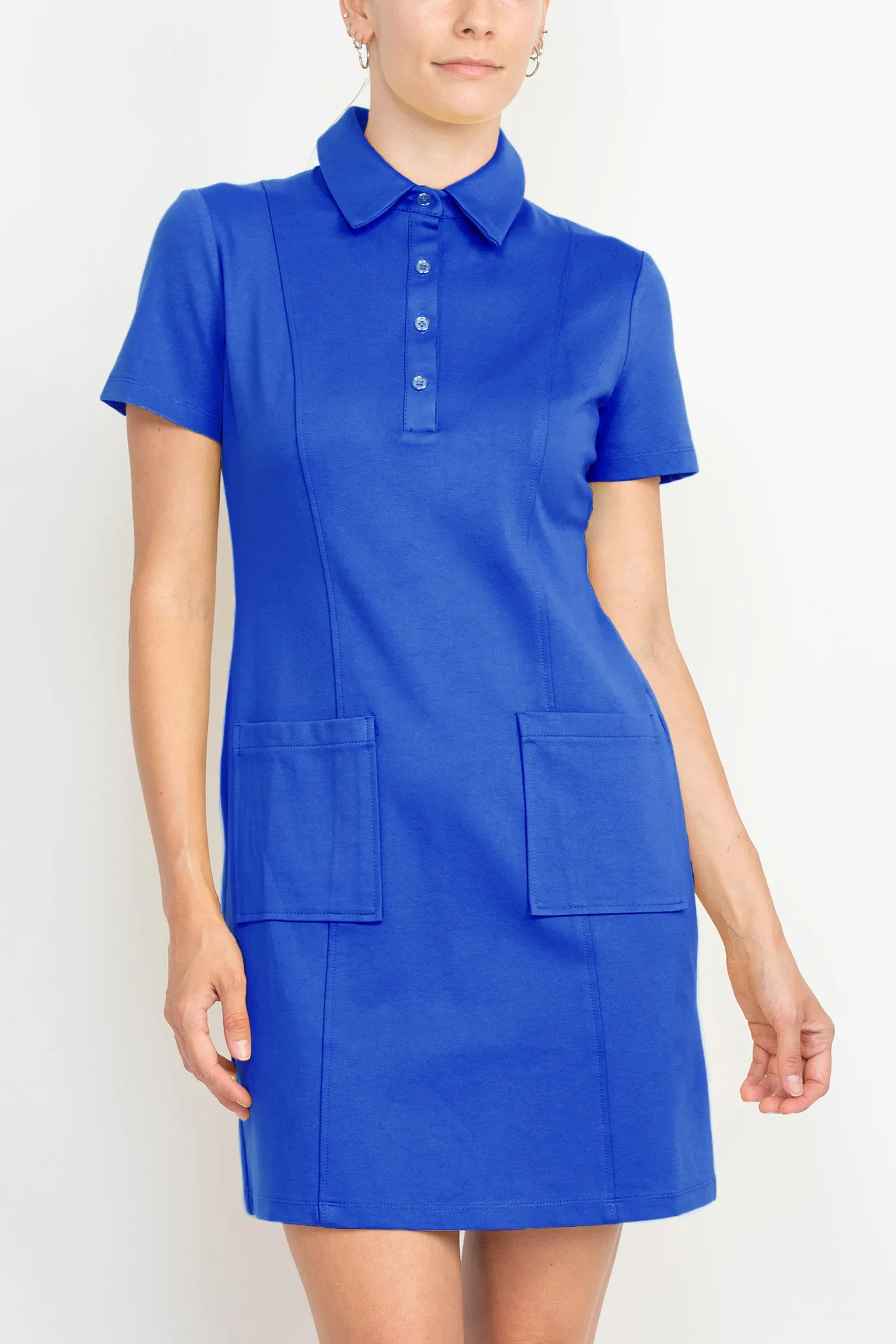 London Times Collared Button Short Sleeve Bodycon Solid Short Scuba Dress with Pockets