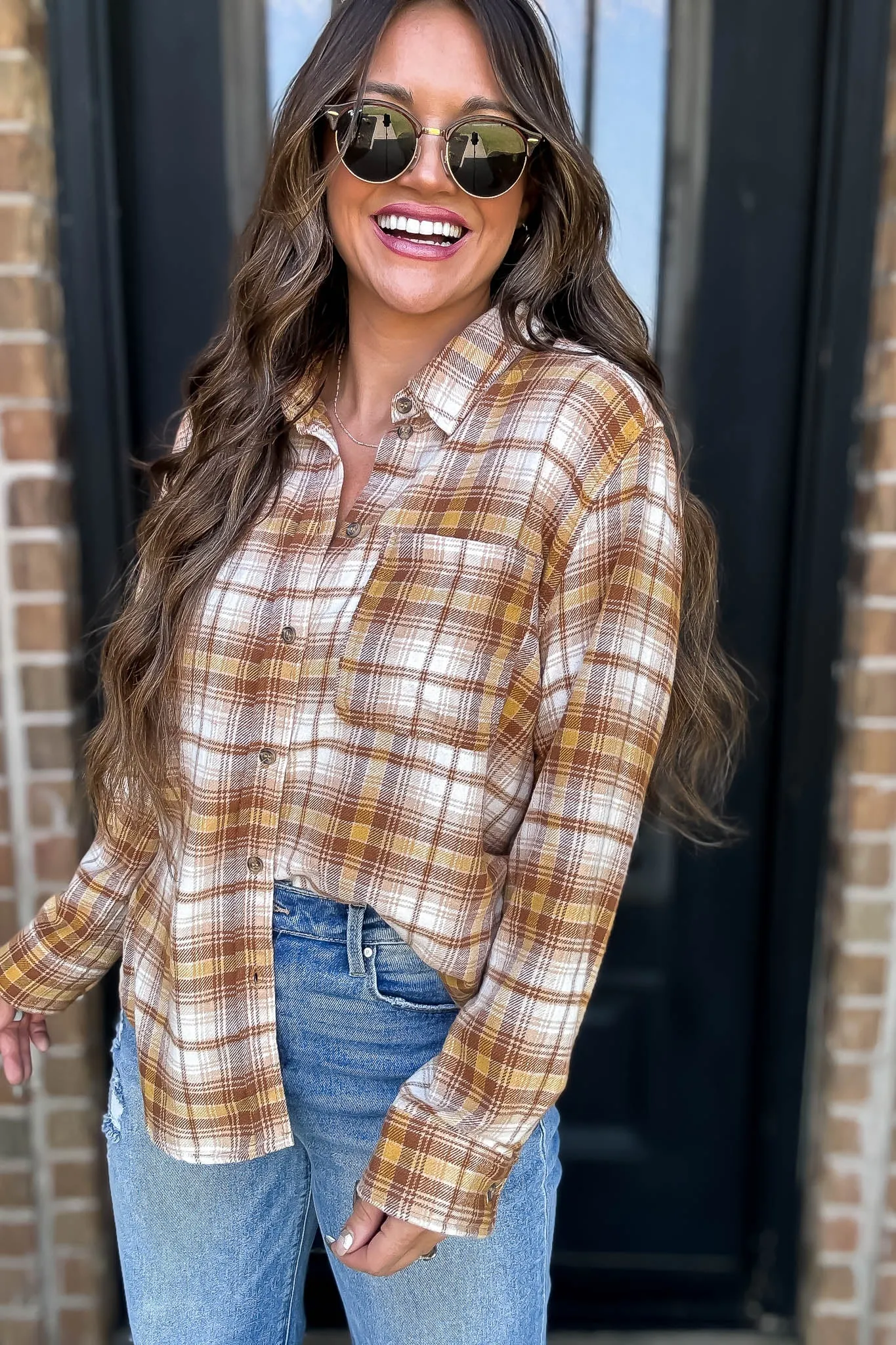 Long Plaid Mellow Print Button Down Shirt