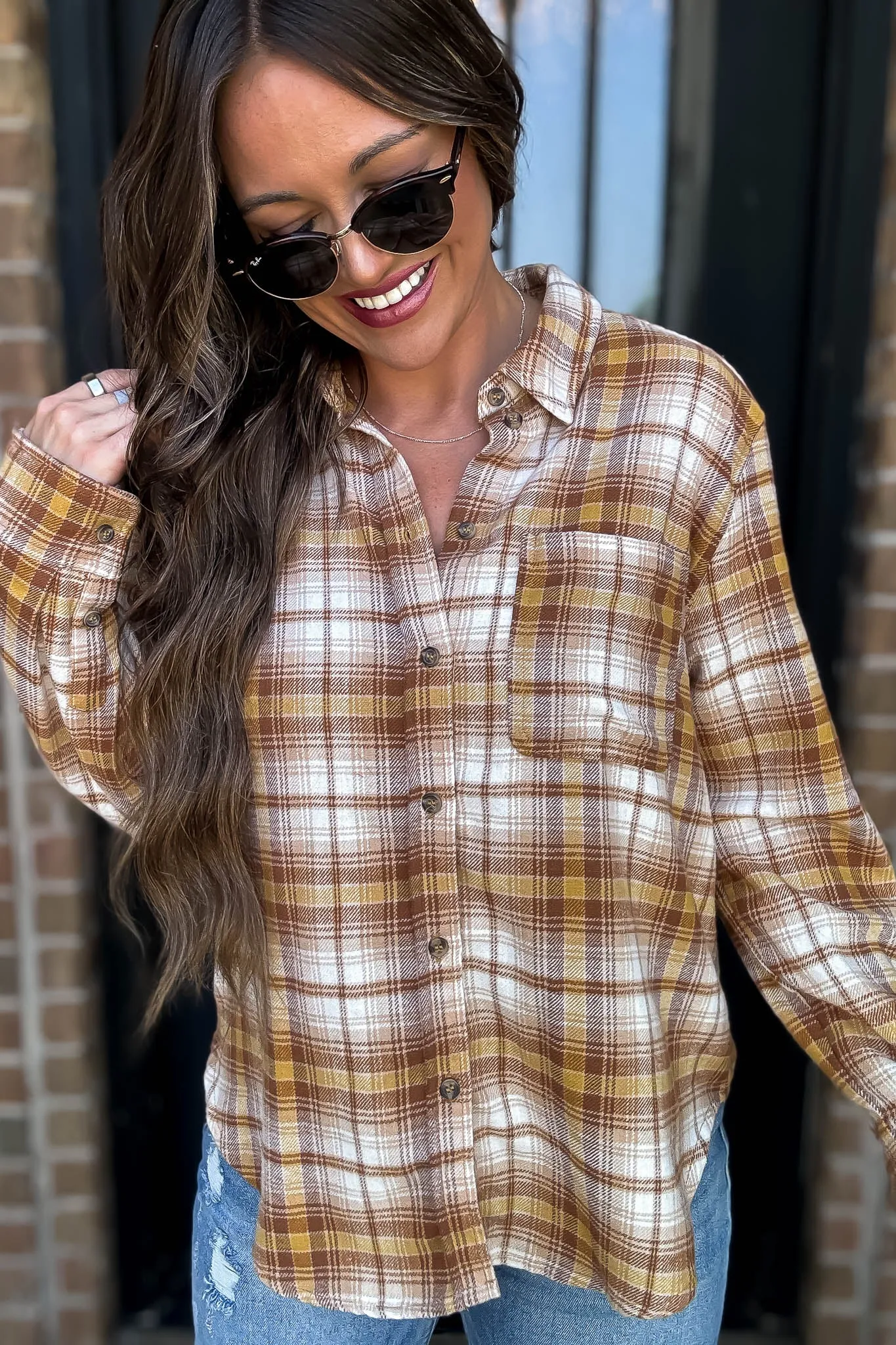 Long Plaid Mellow Print Button Down Shirt