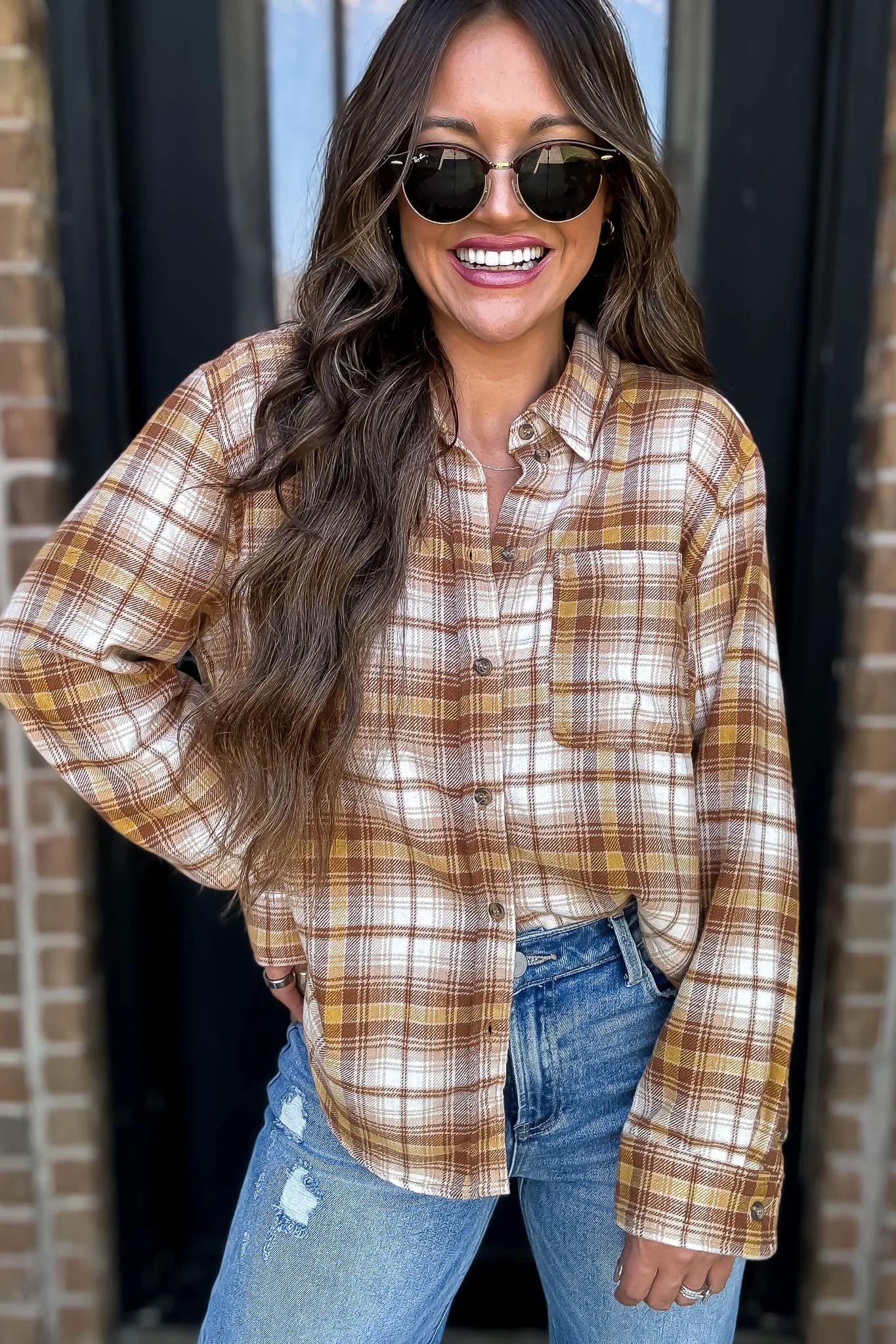 Long Plaid Mellow Print Button Down Shirt