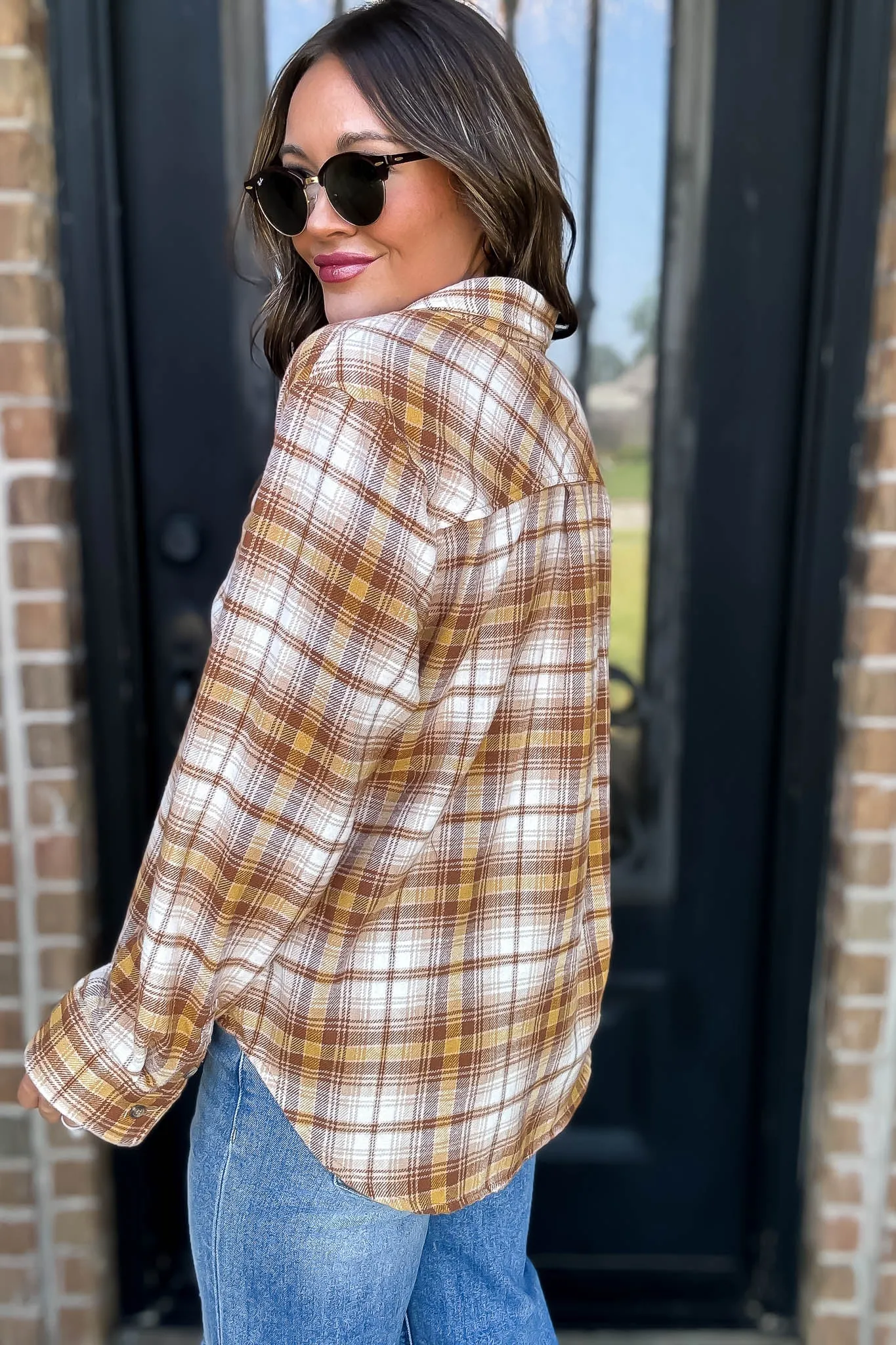 Long Plaid Mellow Print Button Down Shirt