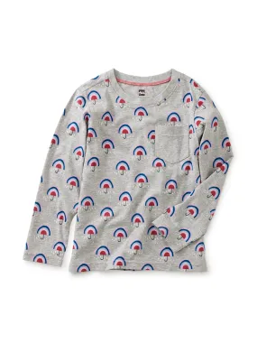 Long Sleeve Printed Pocket Tee - Rainbow Umbrella