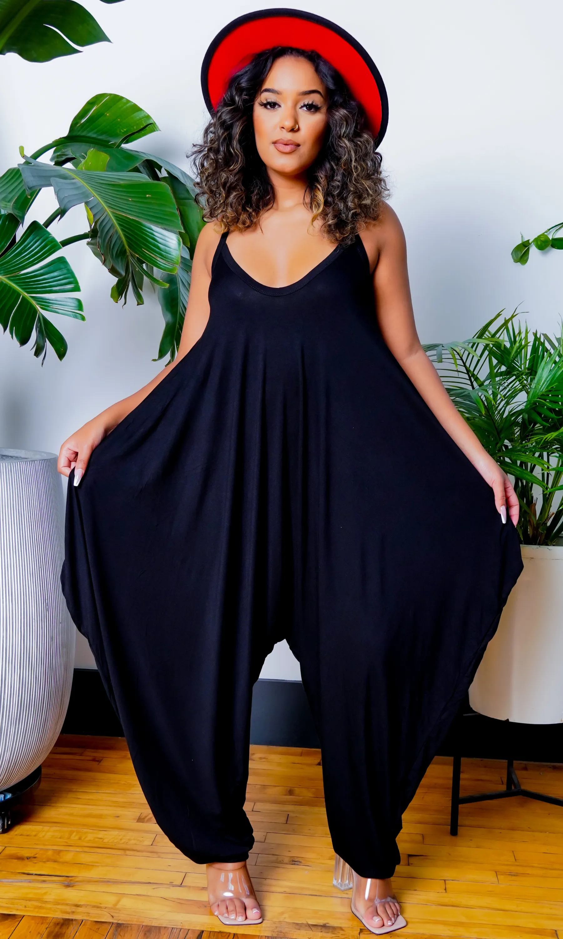 Long V Neck Harem Jumpsuit - Black