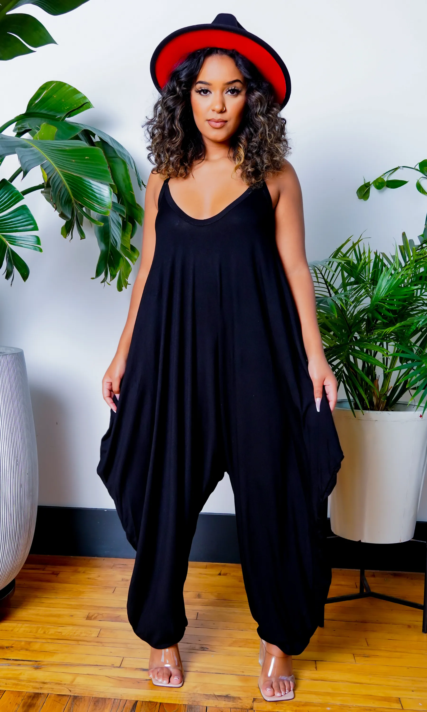 Long V Neck Harem Jumpsuit - Black