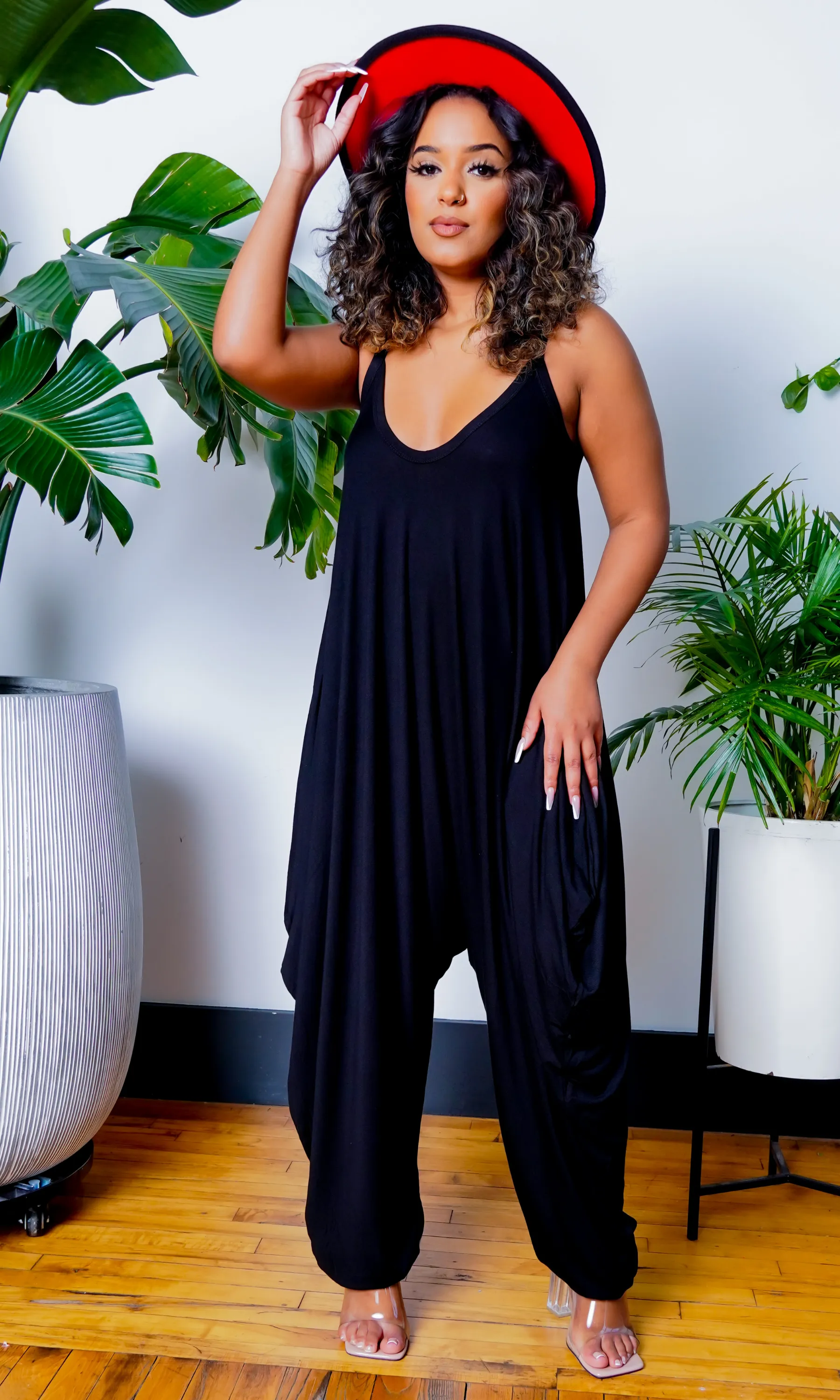 Long V Neck Harem Jumpsuit - Black