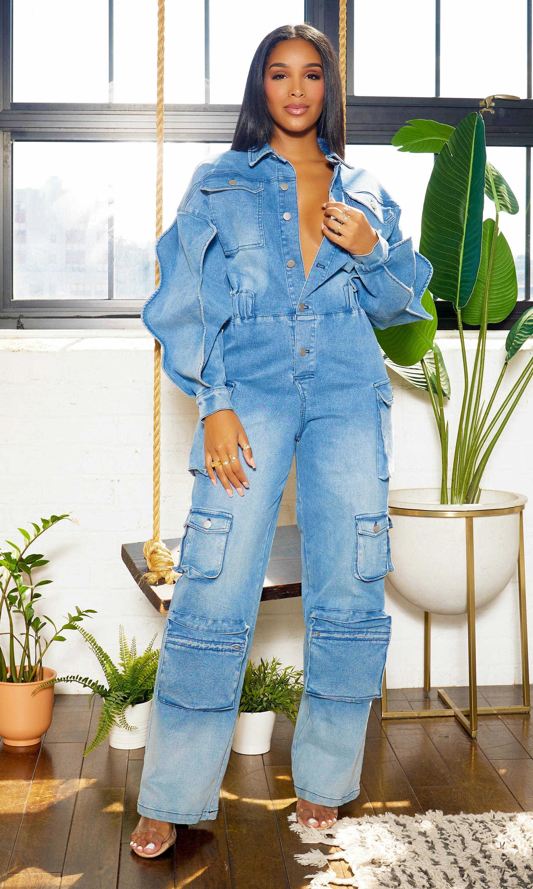 Long Wave Sleeve Cargo Denim Jumpsuit - Medium Wash