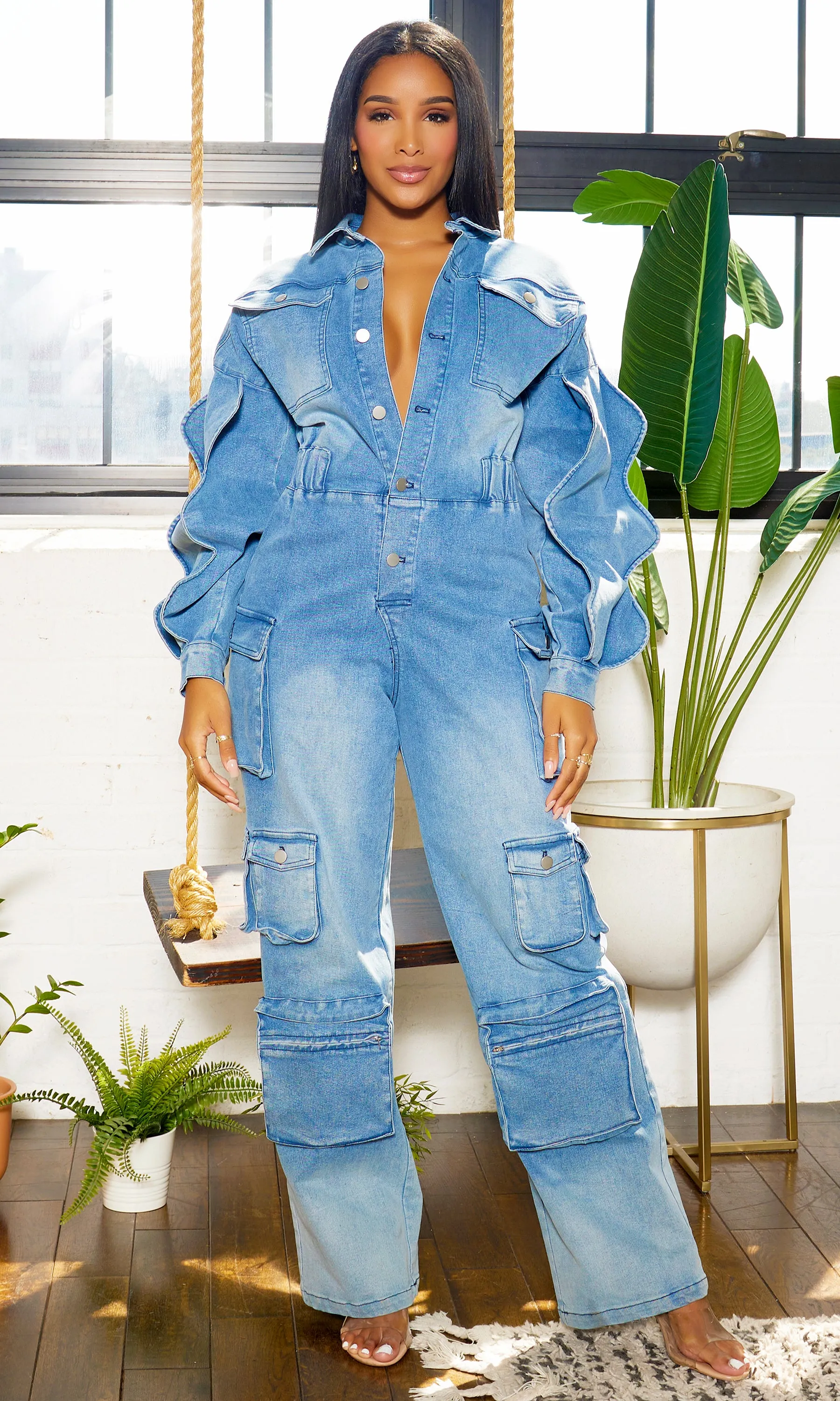 Long Wave Sleeve Cargo Denim Jumpsuit - Medium Wash