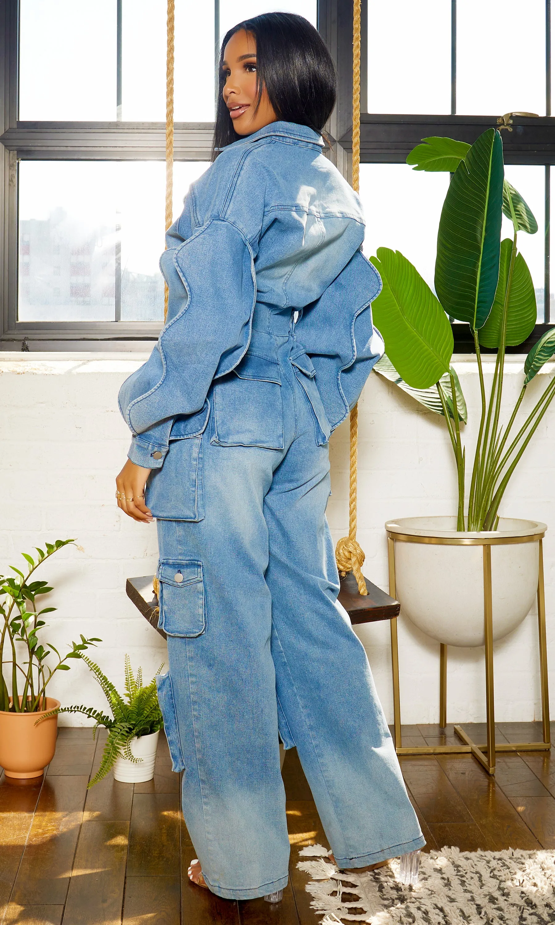 Long Wave Sleeve Cargo Denim Jumpsuit - Medium Wash