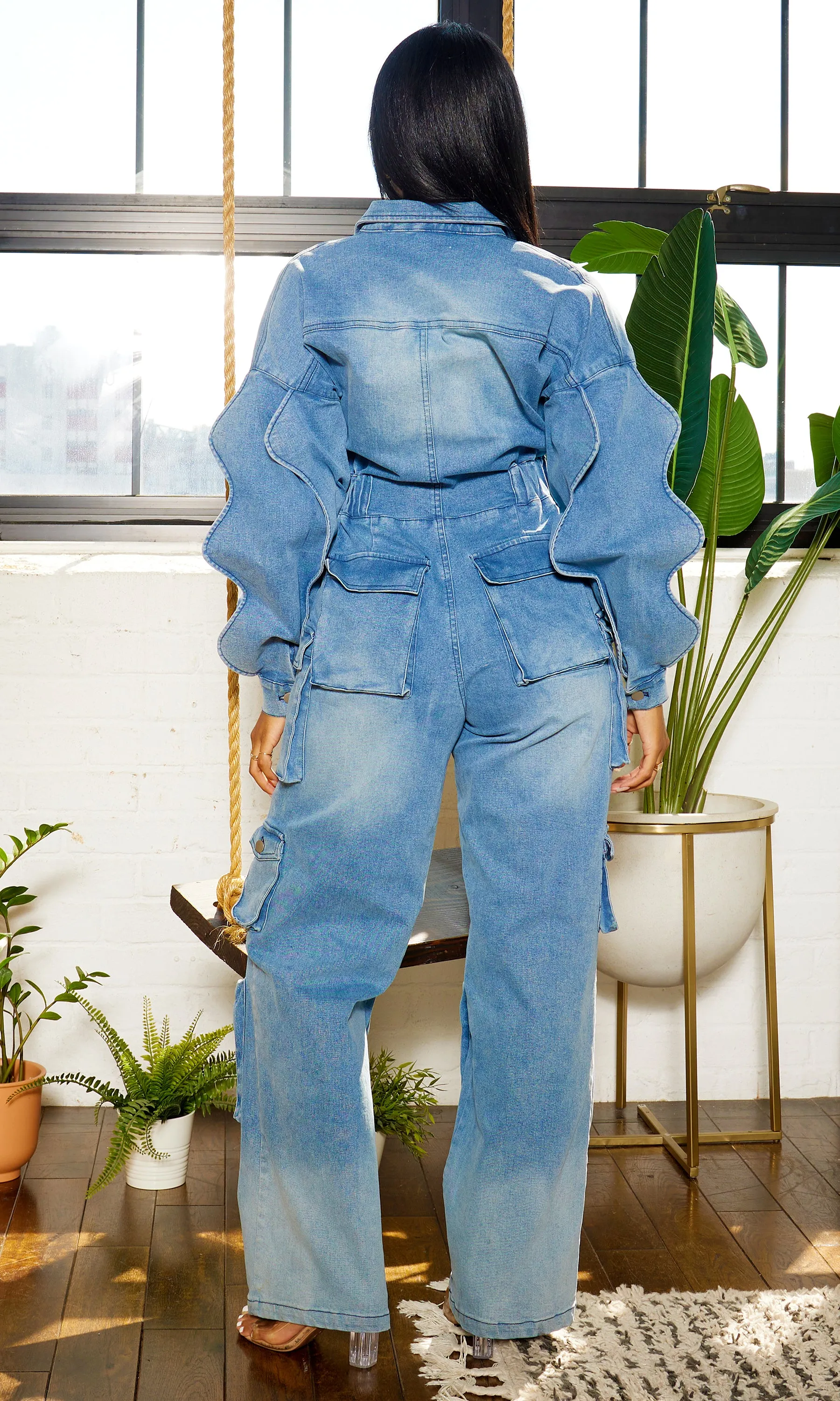 Long Wave Sleeve Cargo Denim Jumpsuit - Medium Wash