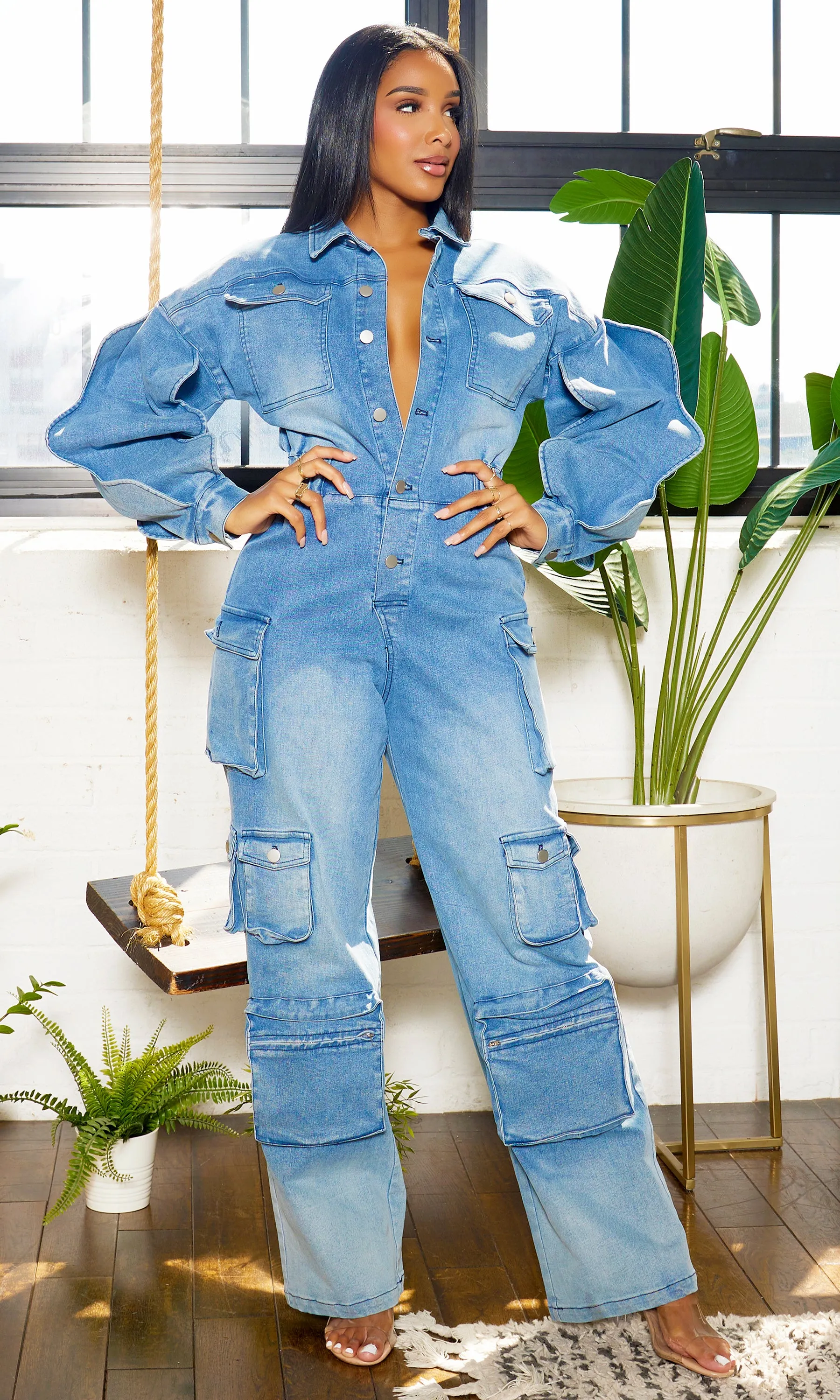 Long Wave Sleeve Cargo Denim Jumpsuit - Medium Wash