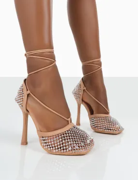 Longshot Nude Sparkly Diamante Wrap Around Mesh Heels