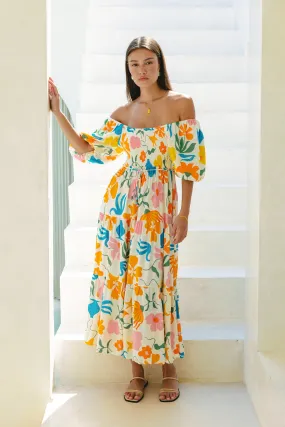 Magnolia Yellow Blue Floral Puff Sleeve Midi Dress