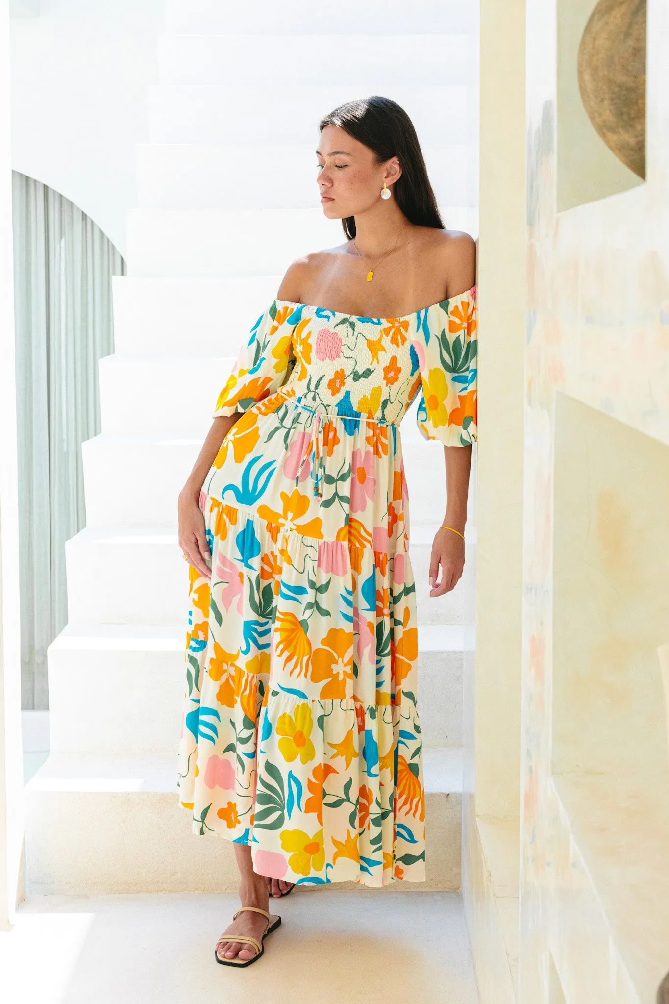 Magnolia Yellow Blue Floral Puff Sleeve Midi Dress