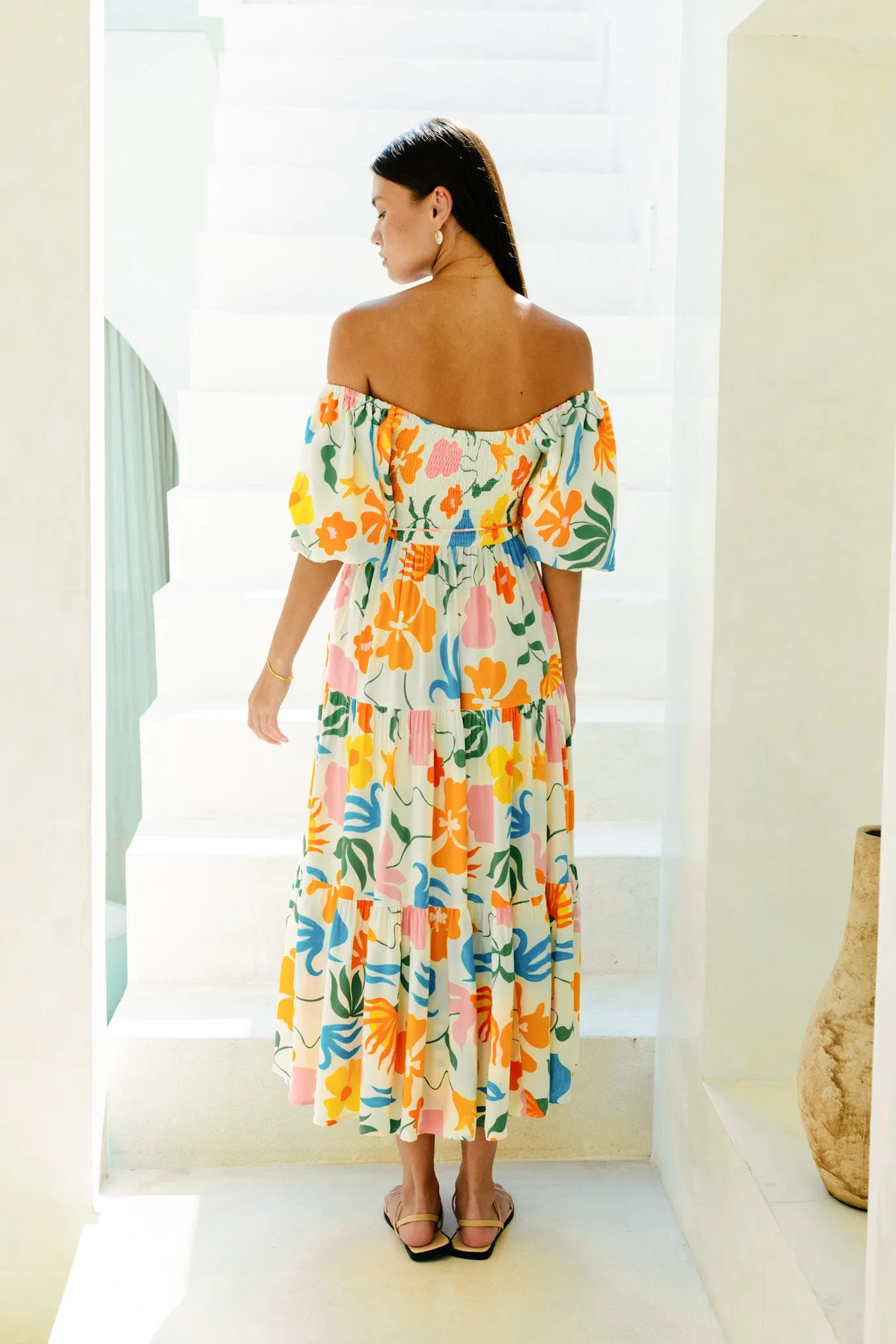 Magnolia Yellow Blue Floral Puff Sleeve Midi Dress