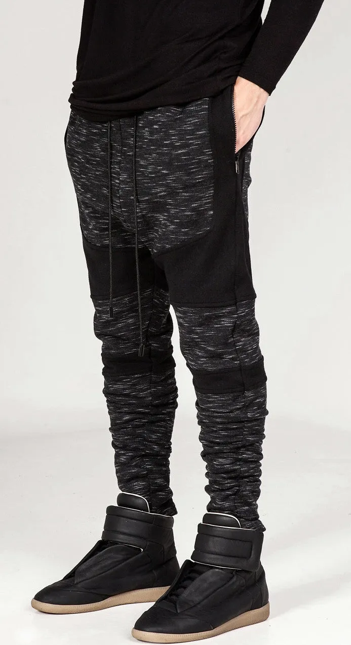 Men Biker Drop Crotch Shadow Joggers - Black Panel Elastic Band Trouser