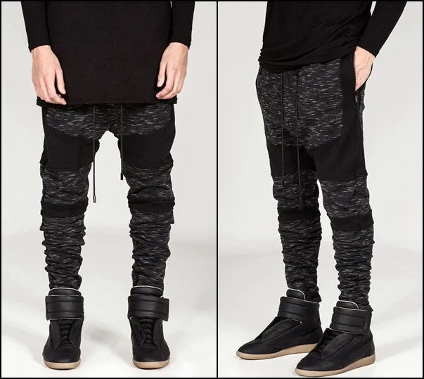 Men Biker Drop Crotch Shadow Joggers - Black Panel Elastic Band Trouser