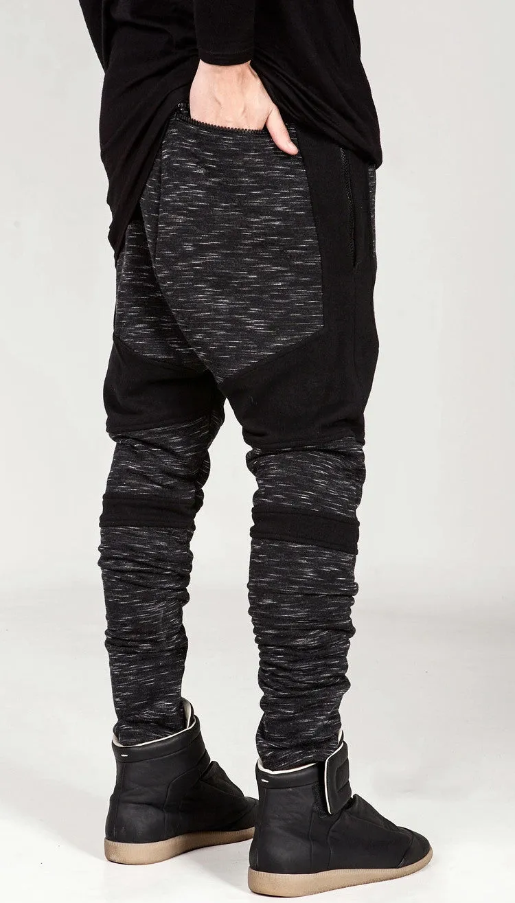 Men Biker Drop Crotch Shadow Joggers - Black Panel Elastic Band Trouser