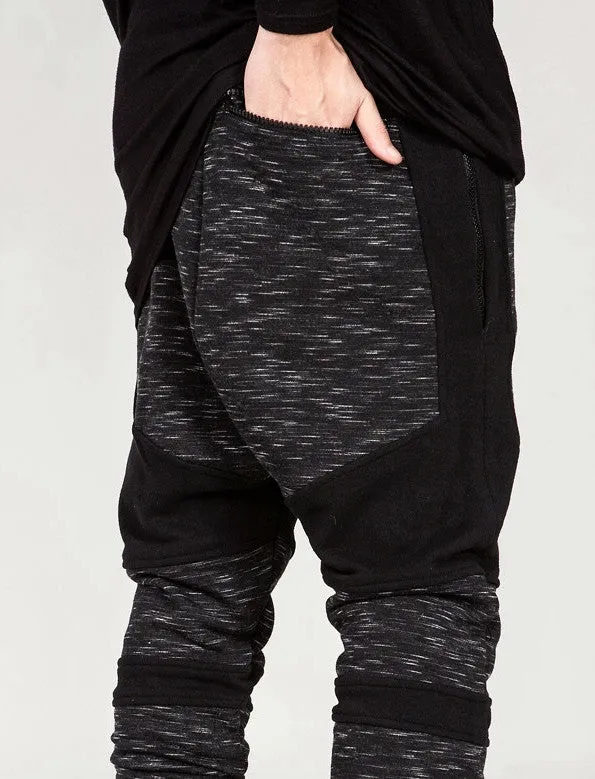 Men Biker Drop Crotch Shadow Joggers - Black Panel Elastic Band Trouser