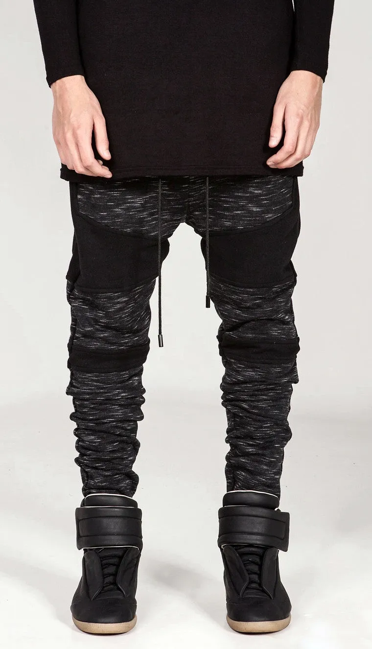 Men Biker Drop Crotch Shadow Joggers - Black Panel Elastic Band Trouser